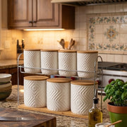 8 piece ribbed ceramic canister set with airtight bamboo lids and matching tray, including 500 ml and 300 ml storage containers.