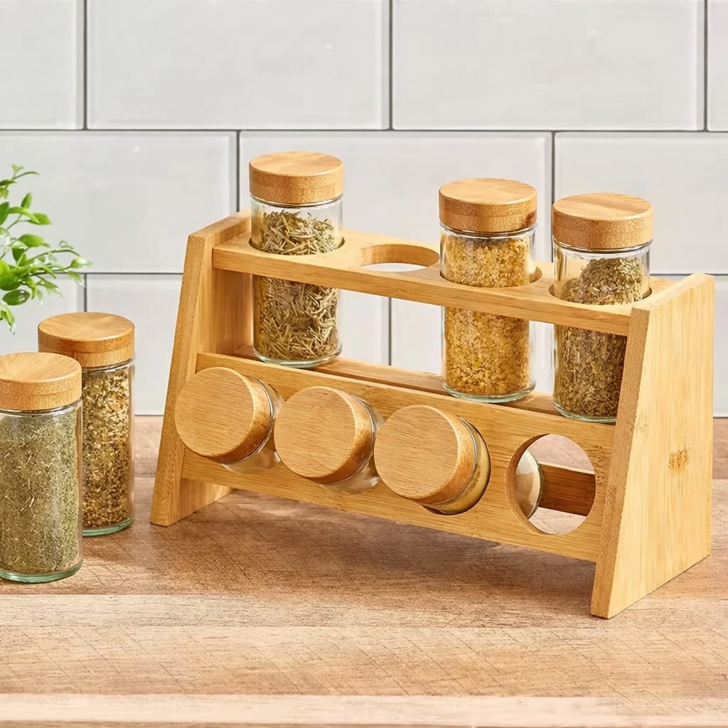 8 Piece spice jar set with bamboo lids and wooden spice rack for organized kitchen seasoning storage