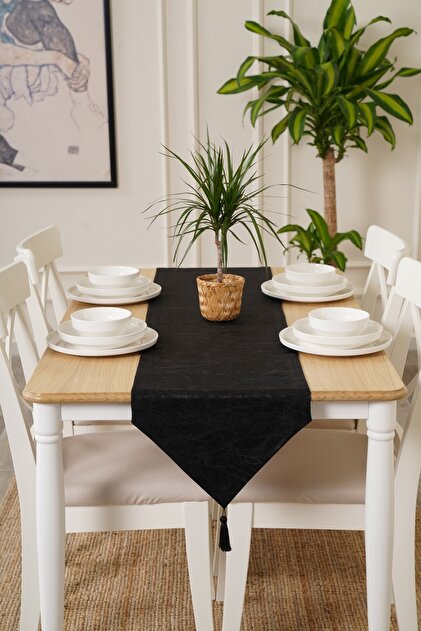 Black linen table runner 220 cm long for 8 to 10 seater dining tables