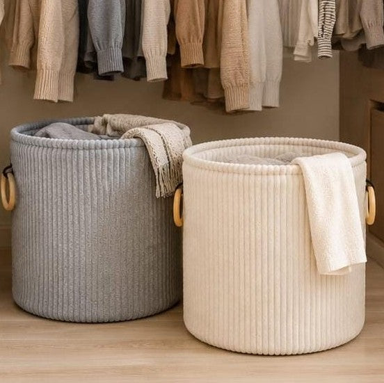 Velvet corduroy laundry basket with wooden handles, large capacity, foldable design, available in cream and gray.