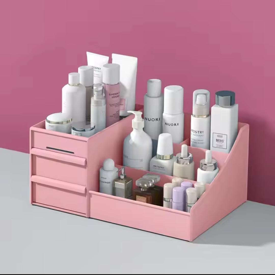 Hard plastic makeup organizer in pink and blue colors for vanity storage
