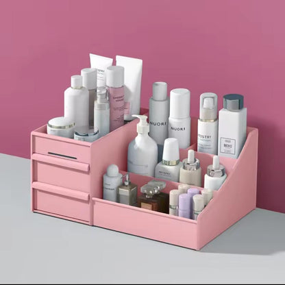 Hard plastic makeup organizer in pink and blue colors for vanity storage