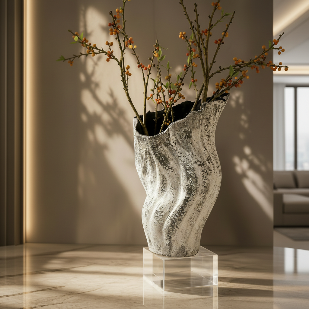 Large shell inspired statement vase measuring 25.5 × 22 × 39cm