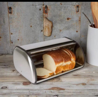 Stainless steel bread bin for kitchen countertop storage of bread and pastries with secure lid