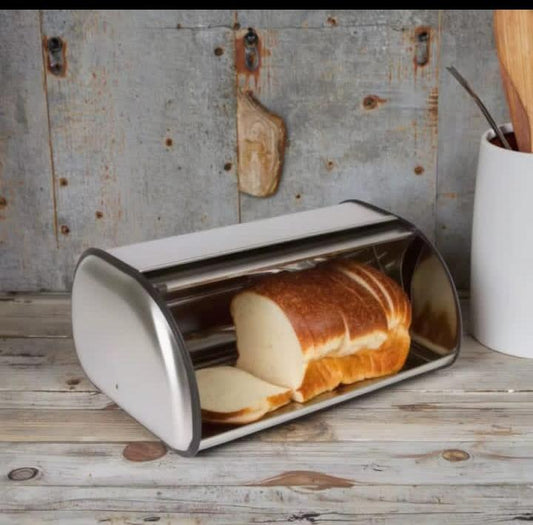 Stainless steel bread bin for kitchen countertop storage of bread and pastries with secure lid