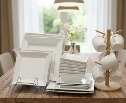24pcs white ceramic double square dinner set