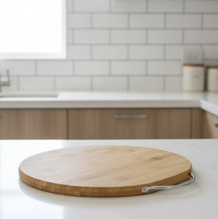round bamboo chopping board 32x32cm with handle for kitchen use