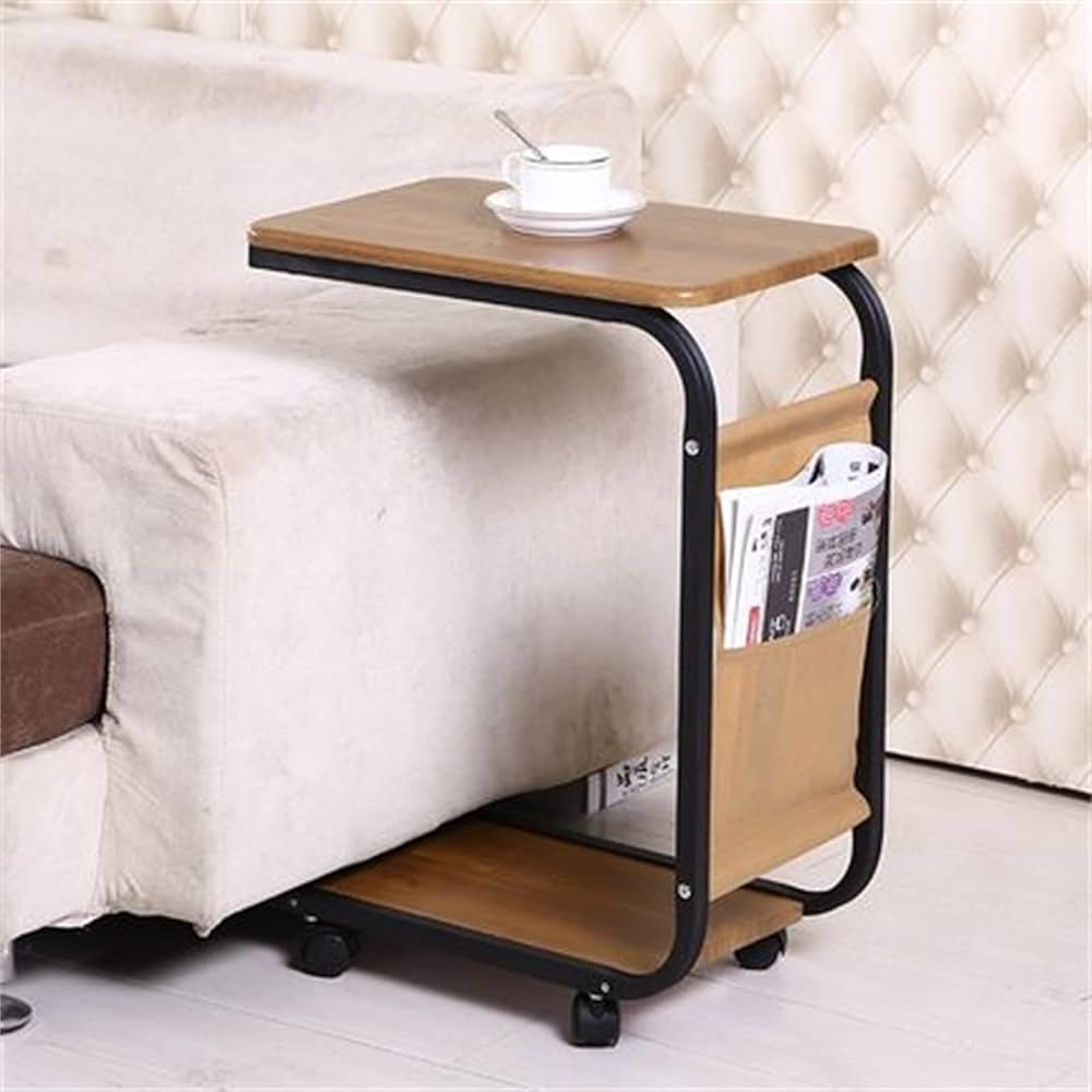 2-tier trolley side table with a matching side storage pocket, available in black and wood finishes for versatile home organization.