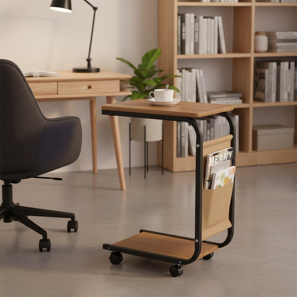 2 Tier Trolley Side Table with Storage Pocket