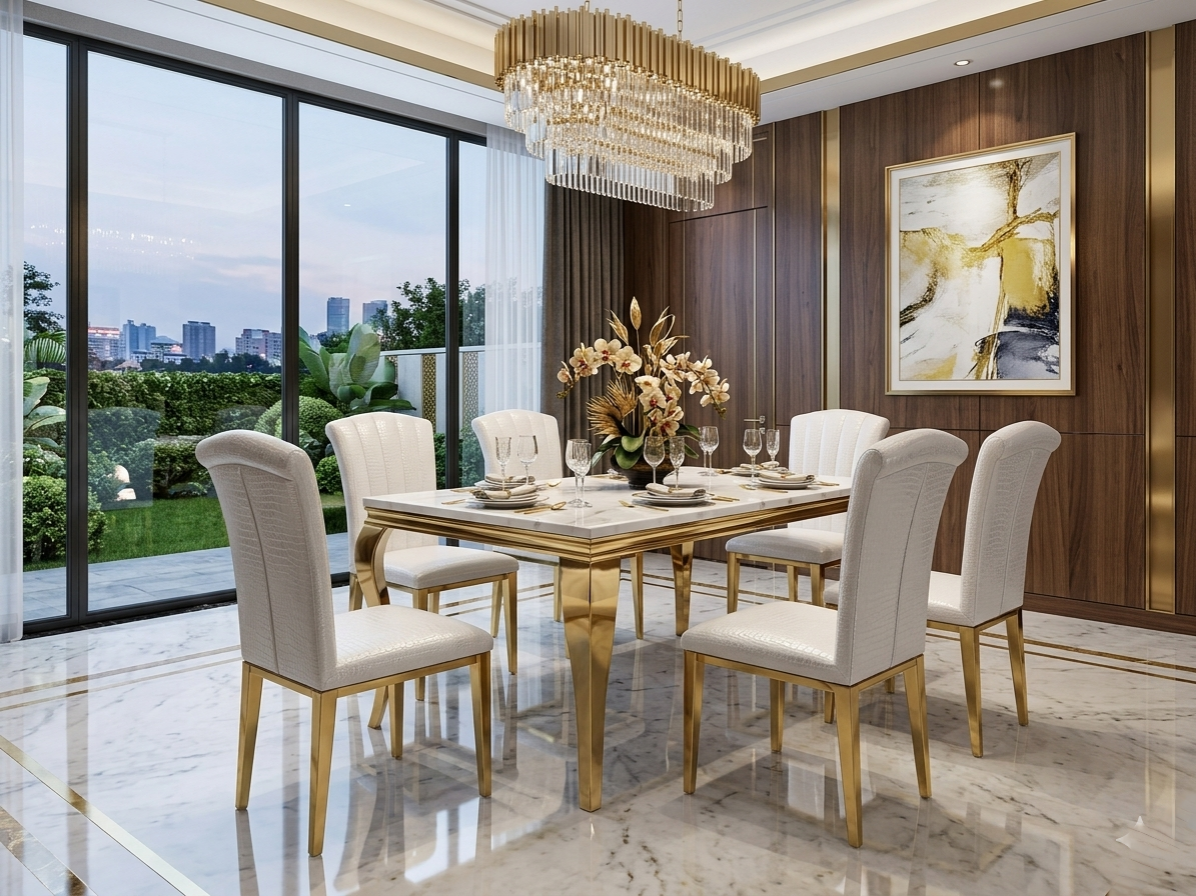 Six Seater Marble Dining Table Set