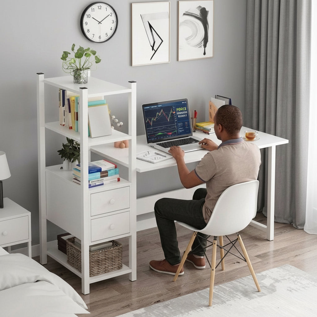 Minimalist workstation desk with storage shelves and two drawers metal frame home office study table with wood finish 120x40x110cm.