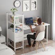 Minimalist workstation desk with storage shelves and two drawers metal frame home office study table with wood finish 120x40x110cm.