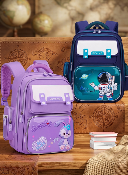 Orthopedic children school backpack with spine support in blue, green, and purple for comfortable daily use