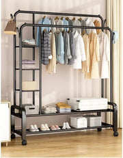 Black multifunctional clothes rack with double hanging rods, side storage shelves, bottom shoe rack, and wheels for easy movement. 👚