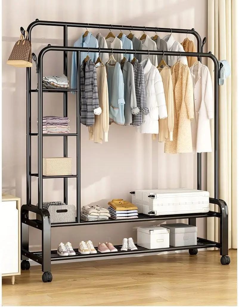 Black multifunctional clothes rack with double hanging rods, side storage shelves, bottom shoe rack, and wheels for easy movement. 👚