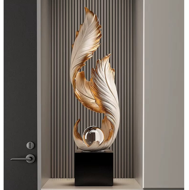White and Gold Resin Feather Sculpture with Crystal Ball