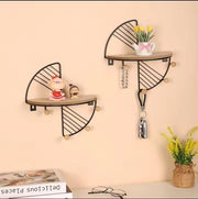 Geometric wood and metal floating wall shelf in black and gold for modern home décor
