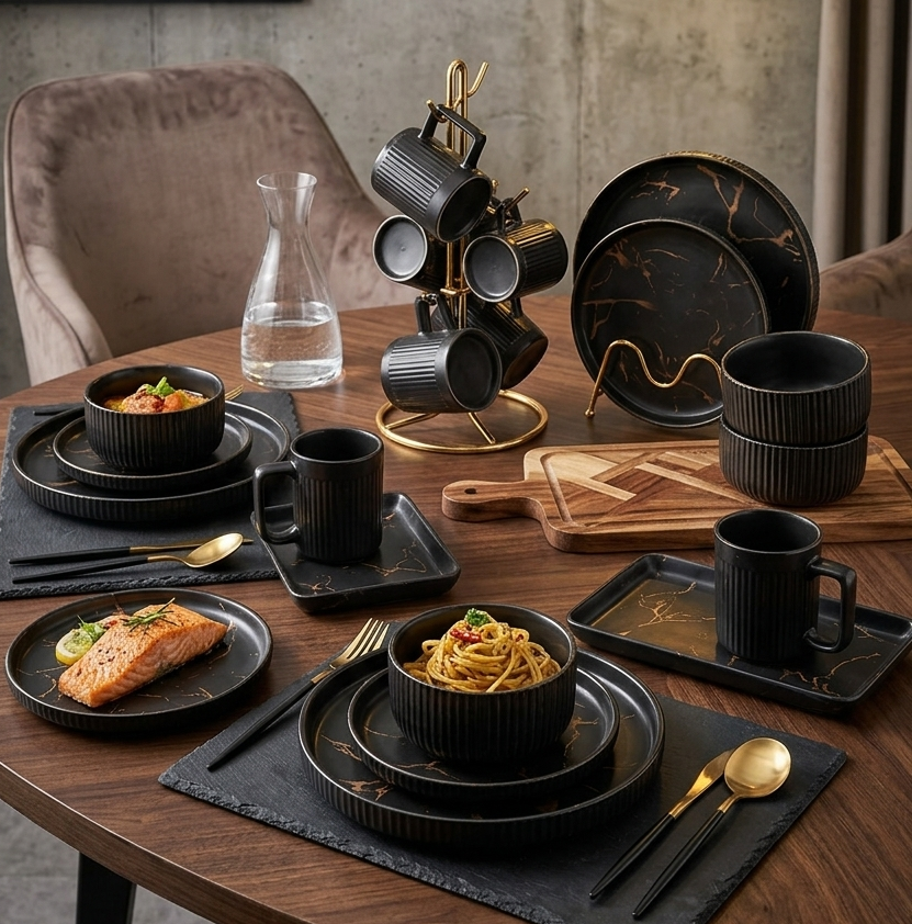 32 Piece Matte Stoneware Marble Finish Dinner Set