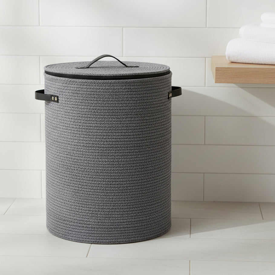Woven decorative basket with lid 52x40x40cm, large storage organizer for laundry and toys.