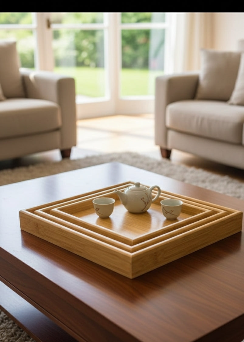Three rectangular bamboo trays in different sizes.