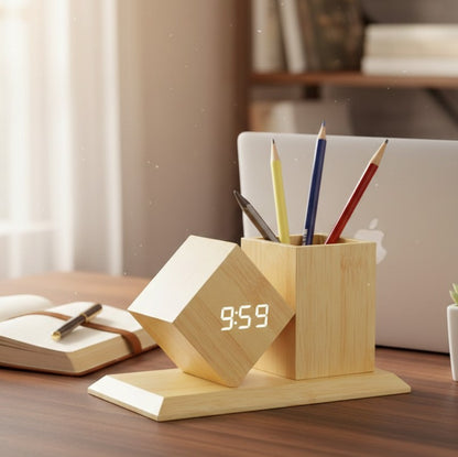 Bamboo multifunctional desk organizer with pen holder and digital LED alarm clock