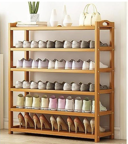 Minimalist shoe rack and entryway storage organizer with multiple shelves.