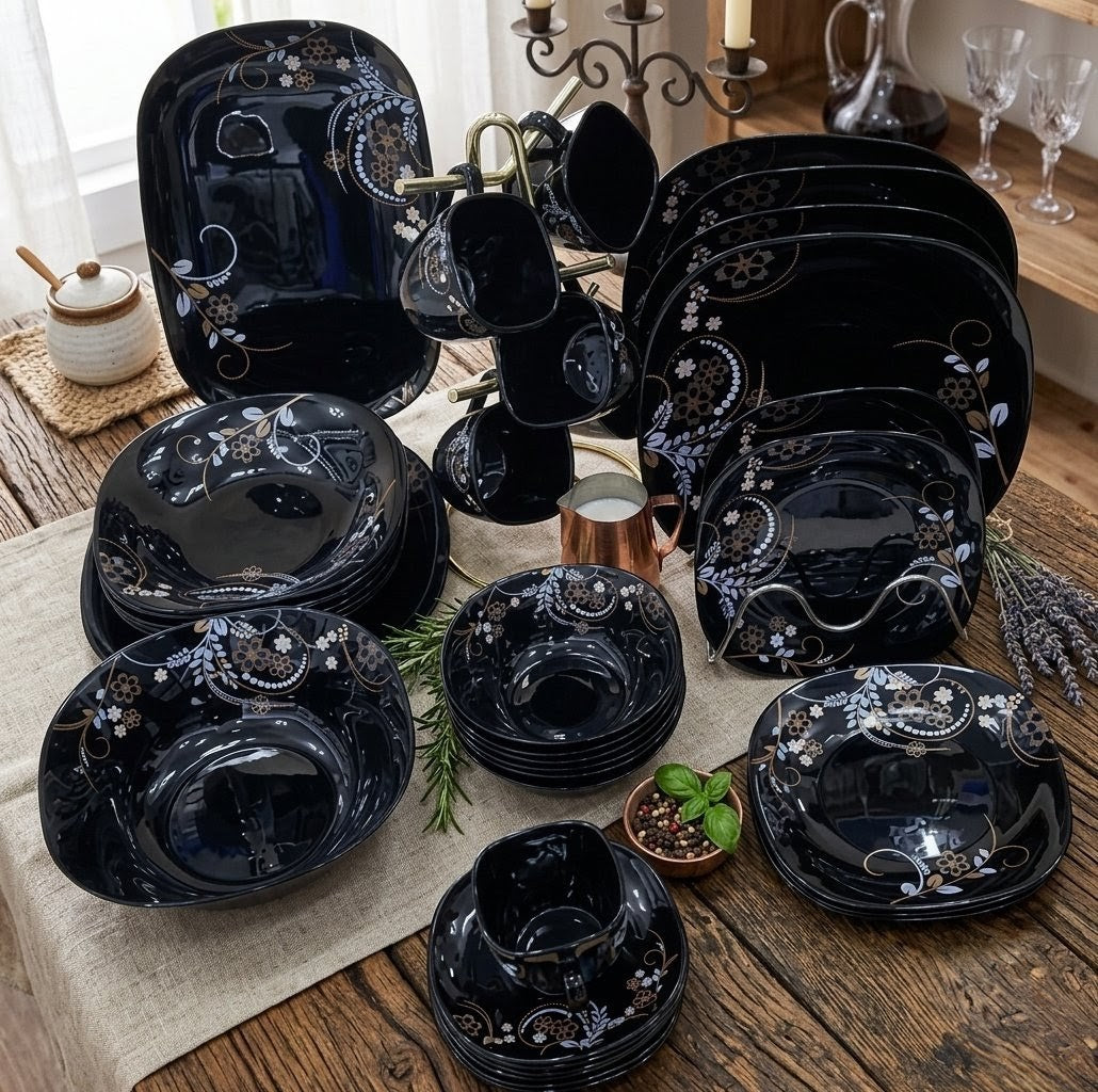 38-piece black dinnerware set including dinner plates, soup plates, side plates, bowls, cups, saucers, salad bowl, and platter for modern dining. 🍽️🖤