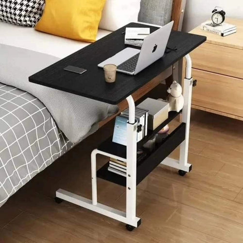 Adjustable laptop table with wheels and storage shelf, available in white, black, cream, and walnut finishes.