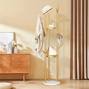 Golden coat tree stand with durable metal frame for organising coats bags hats and accessories in entryways bedrooms hallways and offices