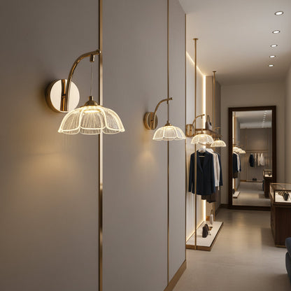 Golden LED wall lamp with clear acrylic shade, modern adjustable CCT indoor decorative lighting fixture