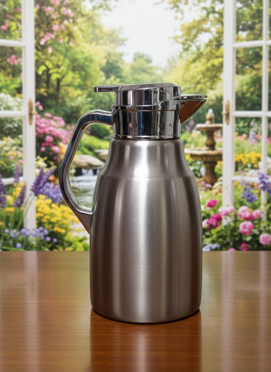 1.8L Stainless steel insulated flask with leak-proof lid and easy-pour spout.