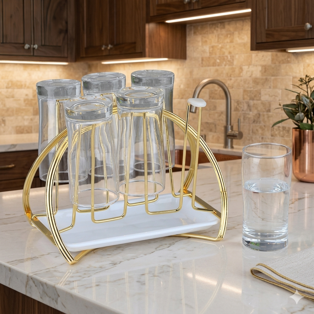 Rust resistant glass and cup holder rack with drainer tray and carrying handle for kitchen organization