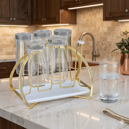 Rust resistant glass and cup holder rack with drainer tray and carrying handle for kitchen organization
