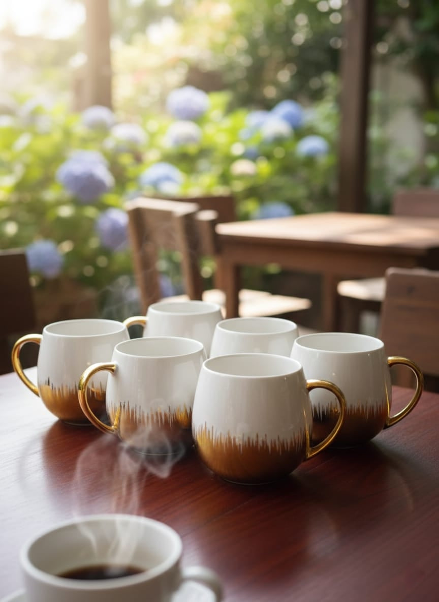 White ceramic coffee mug with elegant gold accents