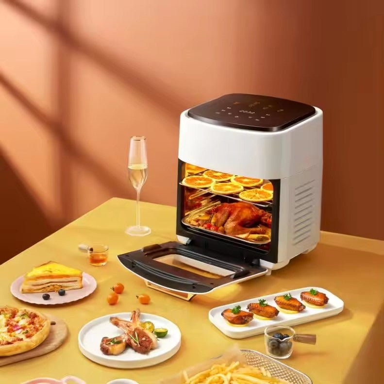 15L SilverCrest air fryer with non-stick surface, LCD display, and detachable oil container, available in white, black, and green
