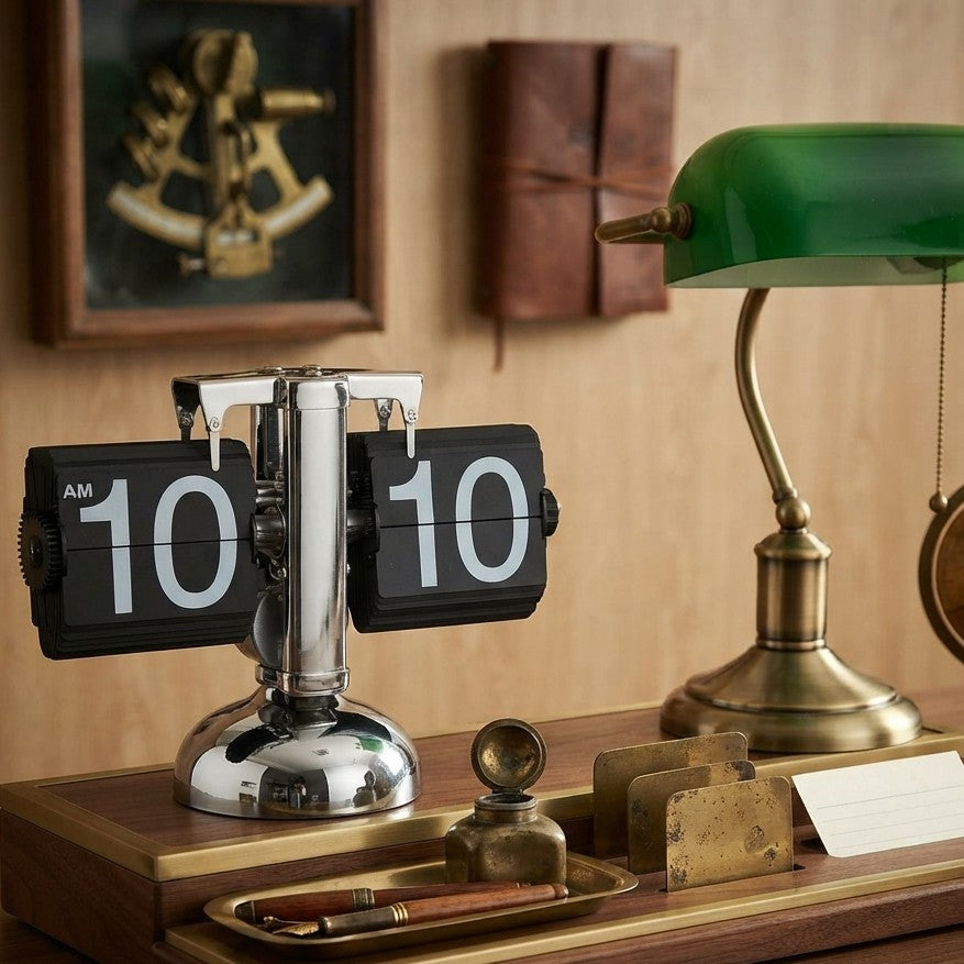 Retro digital flip down desk clock with vintage inspired design for home, office, and bedside use.