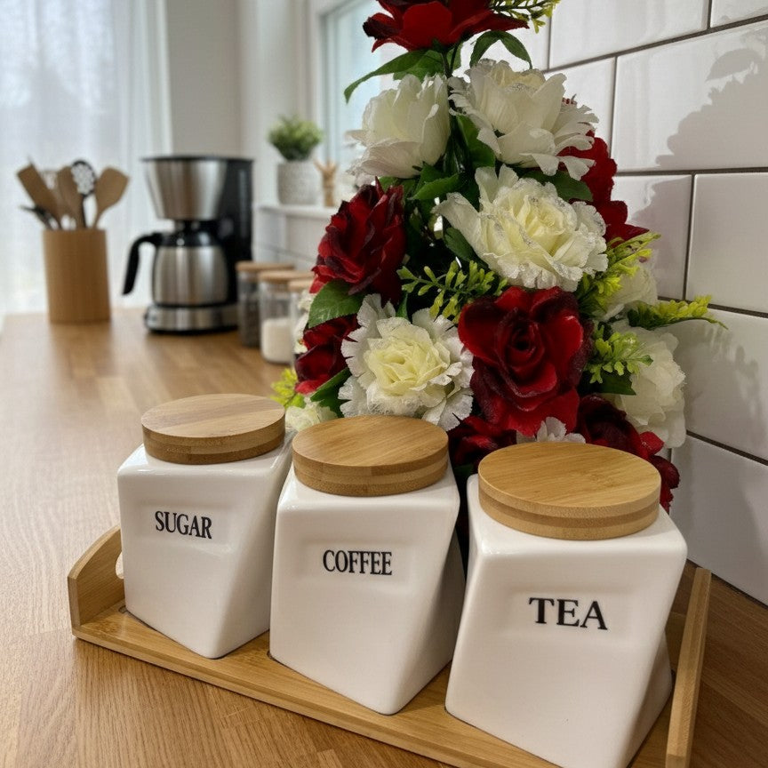 Ceramic twist canister with bamboo lid for storing sugar, coffee, or tea.