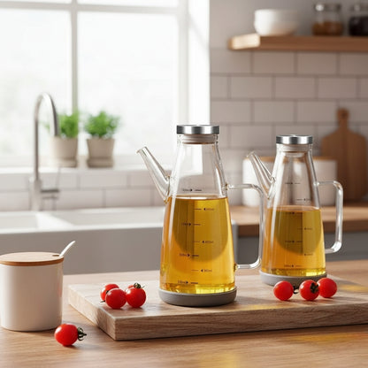 800ml Borosilicate glass oil and vinegar bottle with silicone base and anti-drip spout.