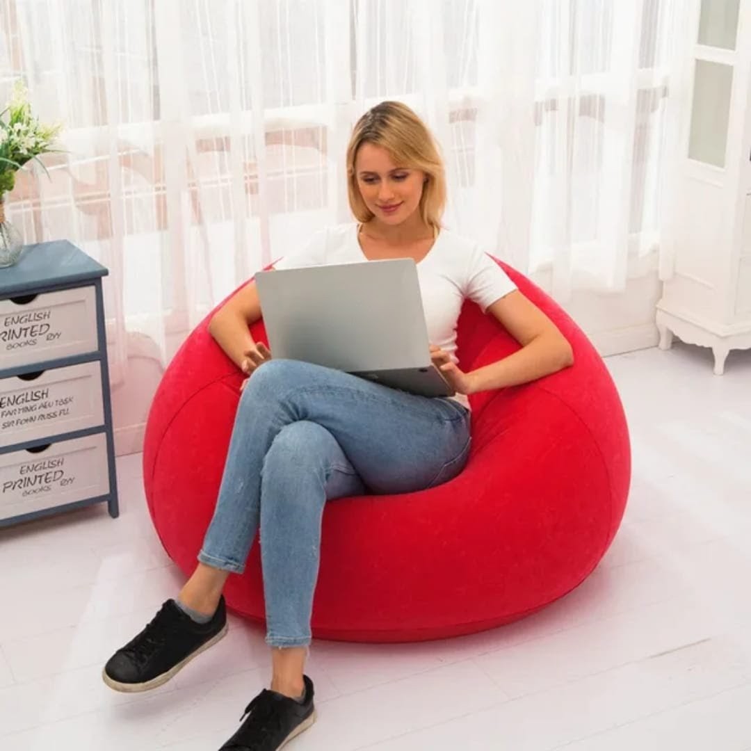 Large inflatable sofa bean bag with manual pump, portable seating in red, blue, and brown, size 110 by 110 by 85 cm. 🛋️✨