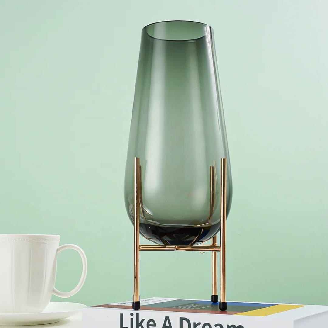 Glass Vase With Metallic Stand