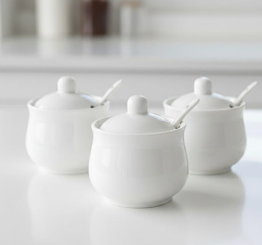 Round glass sugar dish with lid and spoon set