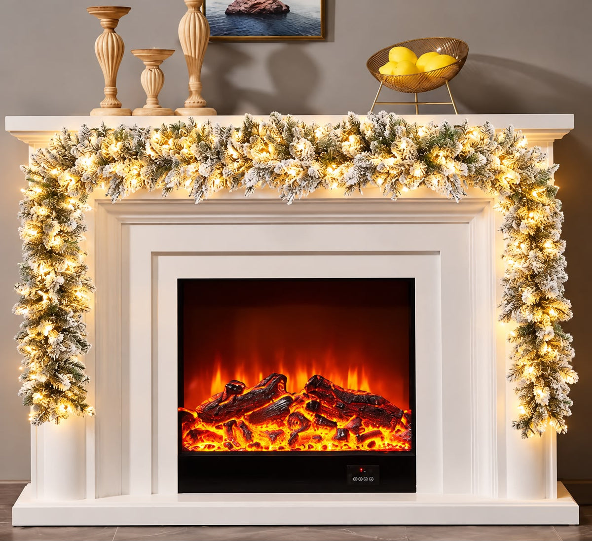 2.7m Snow Flocked Christmas Garland with Inbuilt Lights