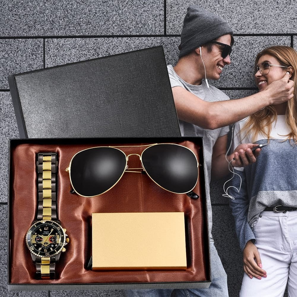 Men gold minimalist luxury gift set with quartz wristwatch, designer glasses, card box, and greeting card in elegant packaging