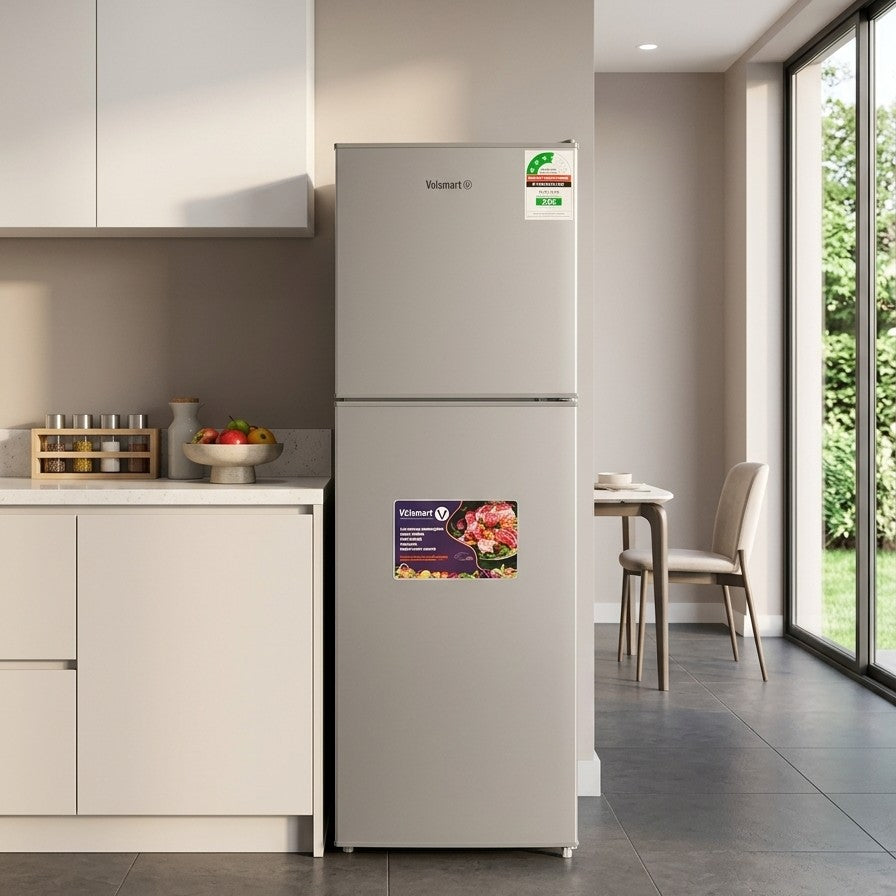 Volsmart 172L double door top mount fridge with energy saving features and metallic silver finish