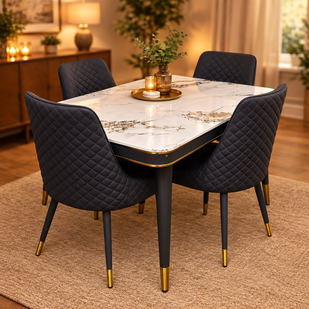 4 seater marble dining table with microfibre chairs and metallic black legs with gold finishing