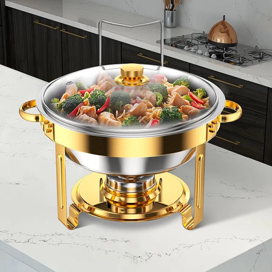 Round Stainless Steel Chafing Dish with Golden Accents 5L