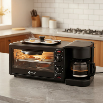 3 In 1 Breakfast maker with toaster oven and coffee maker for compact kitchen use