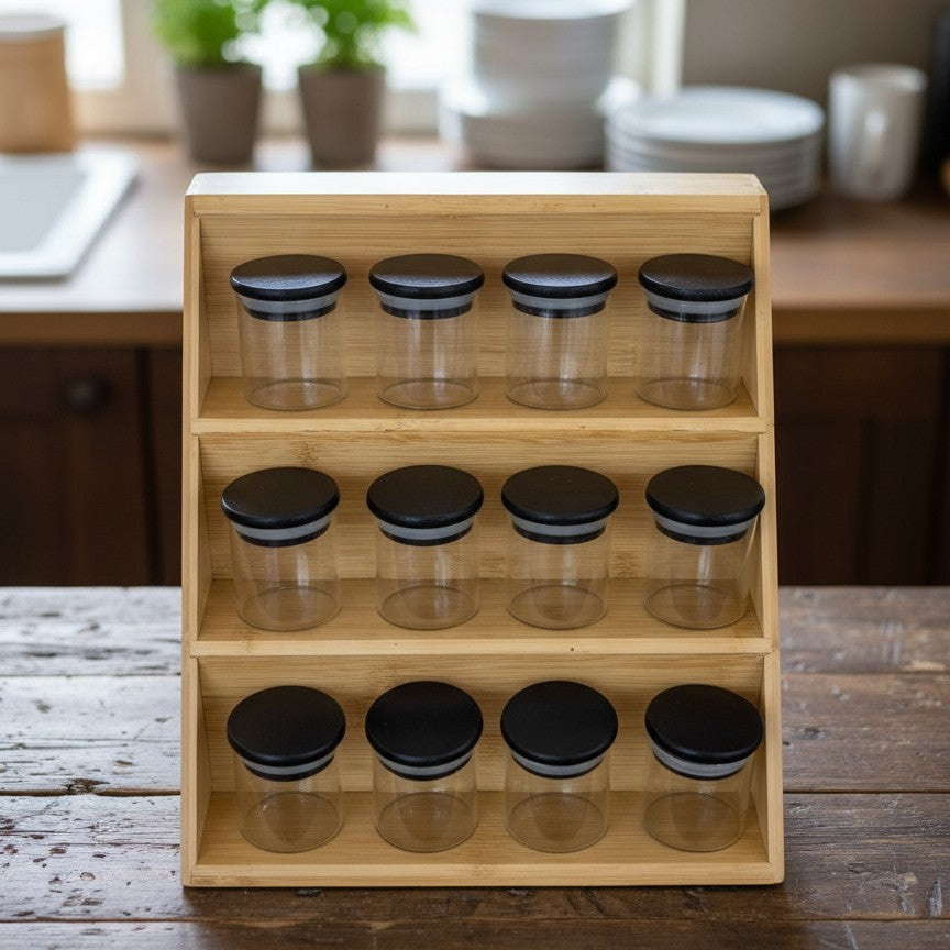 3-Tier spice rack with 12 matching jars for kitchen organization