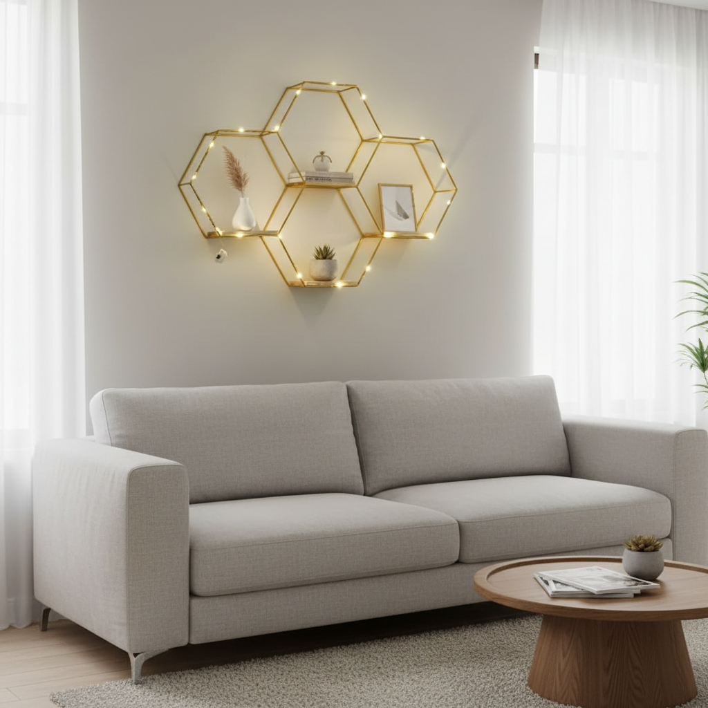 4-Piece Hexagon Wall Shelf with LED Lights