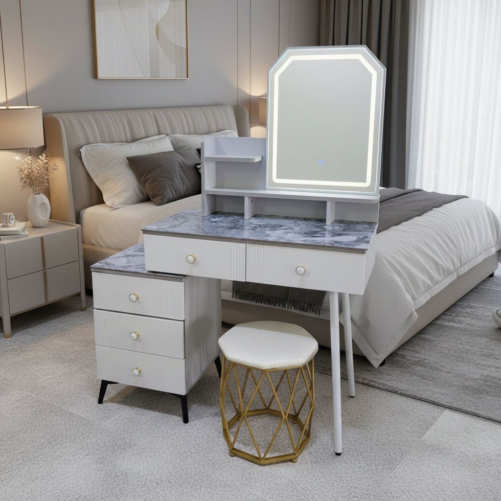 Marble Top LED Vanity Dressing Table With Mirror, Storage Drawers And Stool